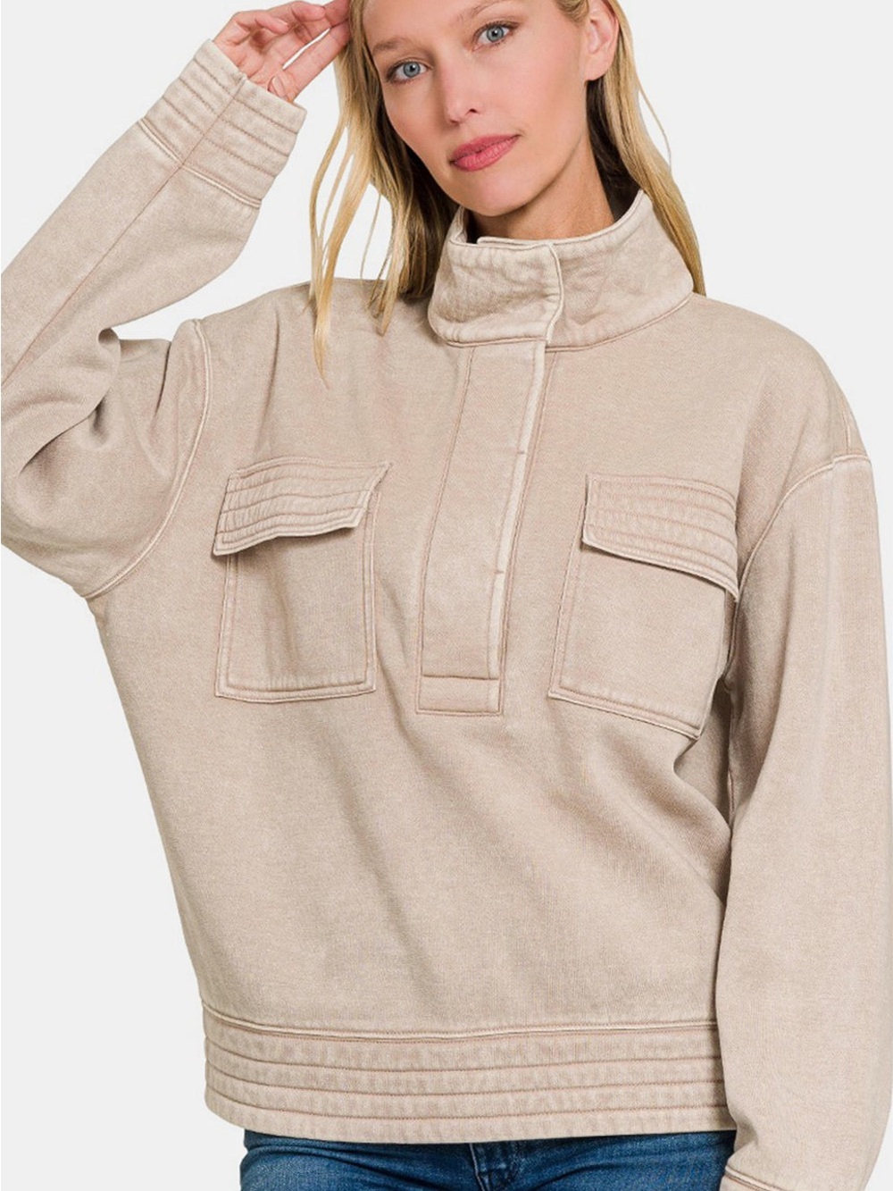 Zenana Acid Washed Half Snap Fleece Sweatshirt - Ash Mocha - Picture 2 of 3